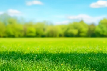 Fototapete - Blue skies and green grass in a blurred background