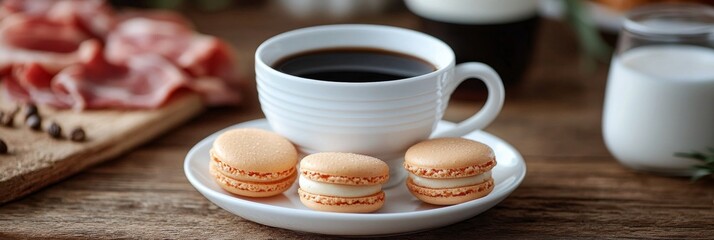 Sticker - Delicious macaroons served with coffee on a rustic wooden table for a delightful breakfast