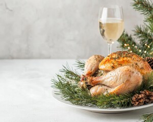 A roasted chicken platter surrounded by greenery, paired with a glass of white wine, creating a festive dining setting.