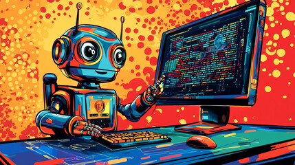 Robot coding at a computer with colorful background.