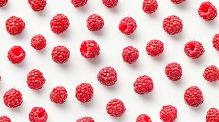 Wall Mural - A flat view of a fresh red raspberry pattern isolated on a background of fresh berries, a summer fruit to refresh you and add vitamins to your diet.