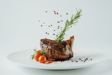 Canvas Print - In the background, a white plate with a barbecue grill menu and falling ingredients such as peppers, rosemary, and tomatoes is isolated.