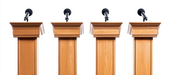 Blank podium or speech lectern stand with microphone isolated on wooden background.