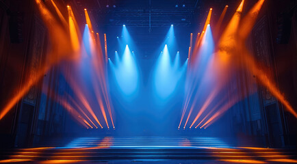 Poster - An amazing light show on stage with blue and orange beams.