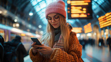 Poster - A woman wearing a pink hat and glasses is looking at her cell phone