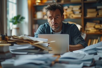 Poster - A small business owner appears worried at a desk filled with compliance documents and a laptop, emphasizing the importance of adherence to regulations in a professional office setting.
