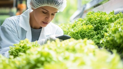 A person in a lab coat and hairnet examines lettuce while using a smartphone in a greenhouse.