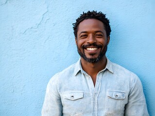 A smiling African American man stands in front of a blue wall