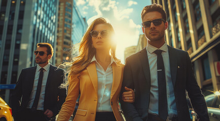 Poster - Business men and women walking on city street.