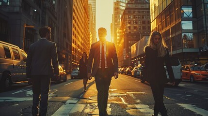 Poster - Business men and women walking on city street.