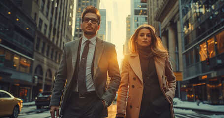 Poster - Business men and women walking on city street.