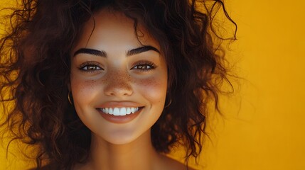 Close-up of a smiling young woman with curly hair against a yellow background