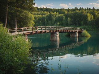 Wooden bridge spanning calm, green-colored lake surrounded by lush, forested landscape