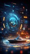 © songwut - Futuristic naval ship, holographic command interface, blue neon tones