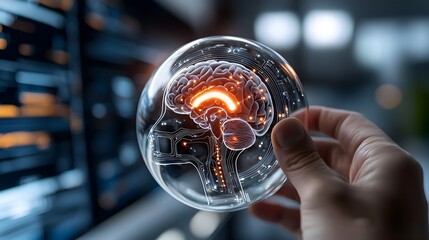 Futuristic digital processing core with radiating circuits and electronic technology concept  Abstract AI powered computing system with innovative microchip and program code design