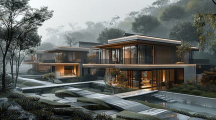 Poster - Modern resort in the forest and Tea fields, four story buildings, minimalist style.