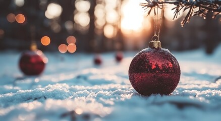 Canvas Print - Snow-covered Christmas tree and red ornaments in a snowy landscape create a tranquil and festive holiday scene