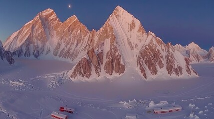 Snow-capped mountain range in a tranquil sunrise