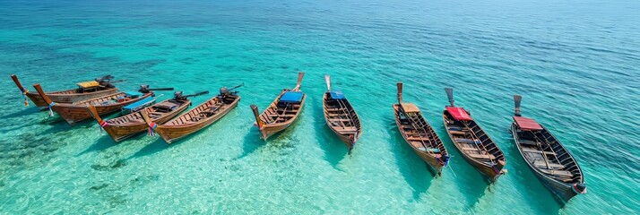 Three colorful boats float gently on the calm, crystal-clear turquoise waters near a tropical coastline, symbolizing relaxation and leisure.