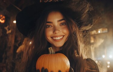 Smiling woman in a witch hat holding a pumpkin with Halloween decorations in the background