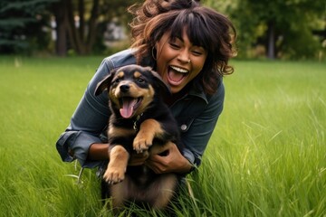 Poster - Puppy grass rottweiler portrait.