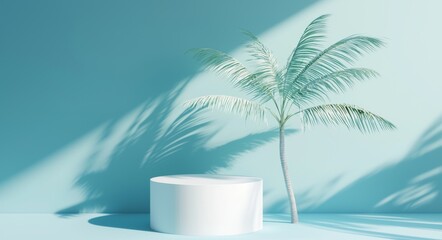 Poster - A summer concept 3D render shows a purple podium decorated with a summer beach ball, a tree, and sunglasses on a pastel background with the empty podium serving as a podium for showing the product.