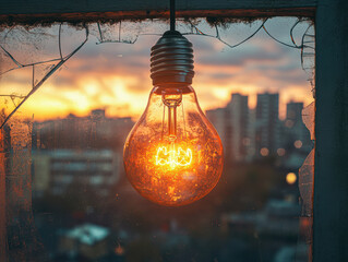 Sticker - A light bulb is lit up in a window with a city in the background