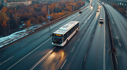 A white bus is driving on the highway. Travel and bus tourism concept.