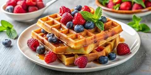 Homemade waffles with summer berries and maple syrup on a tilted angle