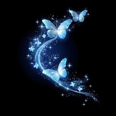 enchanted blue butterflies glowing softly with stardust on deep background