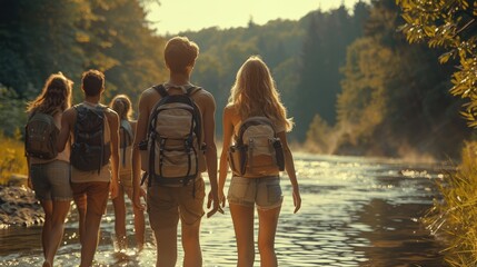 Group of friend teenager walking together along the bank of a river at a summer camp.