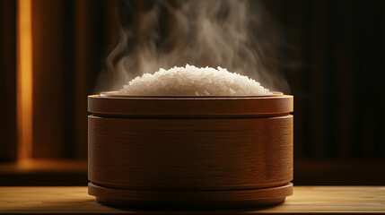 Steaming white rice served in a traditional wooden bowl