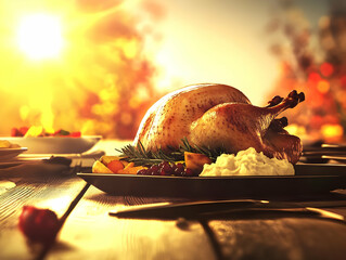 Wall Mural - A beautifully presented roasted turkey with sides, set against a warm, autumnal background.