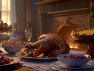 Wall Mural - A festive table setting featuring a roasted turkey, fruits, desserts, and a warm ambiance.