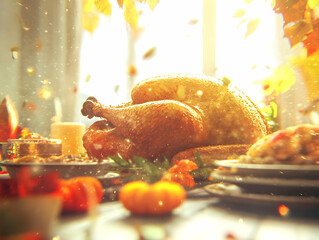 Wall Mural - A beautifully arranged Thanksgiving feast featuring a golden turkey and autumn decorations.