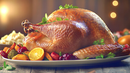 Wall Mural - A beautifully roasted turkey garnished with herbs and surrounded by colorful vegetables and fruits.