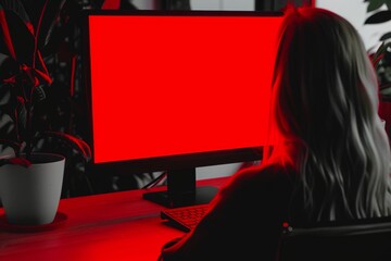 Digital mockup woman in her 30s in front of a computer with an entirely red screen