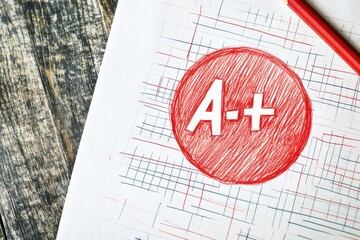 hand drawn A+ grade symbol on paper, surrounded by grid pattern, evokes sense of achievement and creativity. vibrant red color stands out against white background