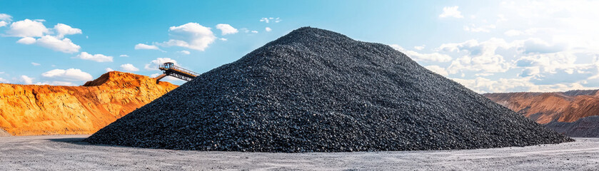 large coal stockpile is prominently displayed against backdrop of blue sky with scattered clouds. scene captures industrial aspect of coal storage, highlighting scale and texture of coal pile