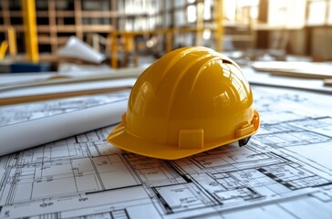 Yellow hard hat rests on blueprints in a sunlit construction office during late afternoon