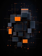 Wall Mural - abstract 3d design of interconnected black cubes and orange glowing lines on a black background.