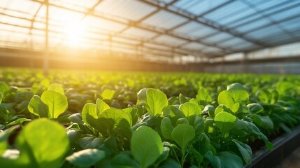 Wall Mural - Sunlit greenhouse with vibrant green plants growing in rows.