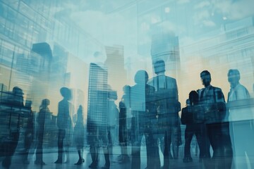 double exposure image of large business people conference group meeting on city office building in b