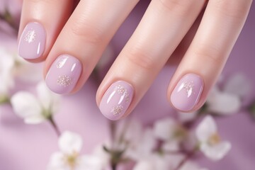 Women's hands with beautiful nails in pastel colors. Women's hands with fashionable nail polish manicure on background with spring flowers