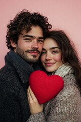 Young couple poses together with a heart shaped object against a pink backdrop