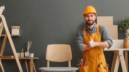 A happy worker wearing a yellow apron and hardhat gives a thumbs up.