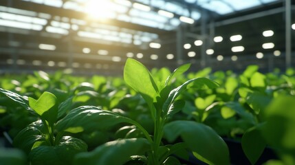 Fresh green plants thriving in a greenhouse with sunlight filtering through.