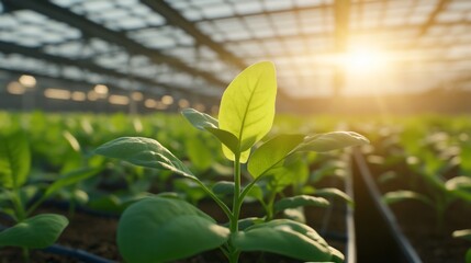 Wall Mural - A young plant thriving in a greenhouse with sunlight streaming in.