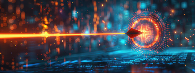 A glowing arrow pierces a circular target, glowing target, arrow shooting towards the center, hitting targets, achieving goals, a sense of futuristic innovation.