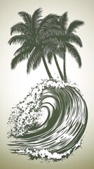 Wall Mural - Hand drawn illustration of palm trees on a crashing ocean wave.